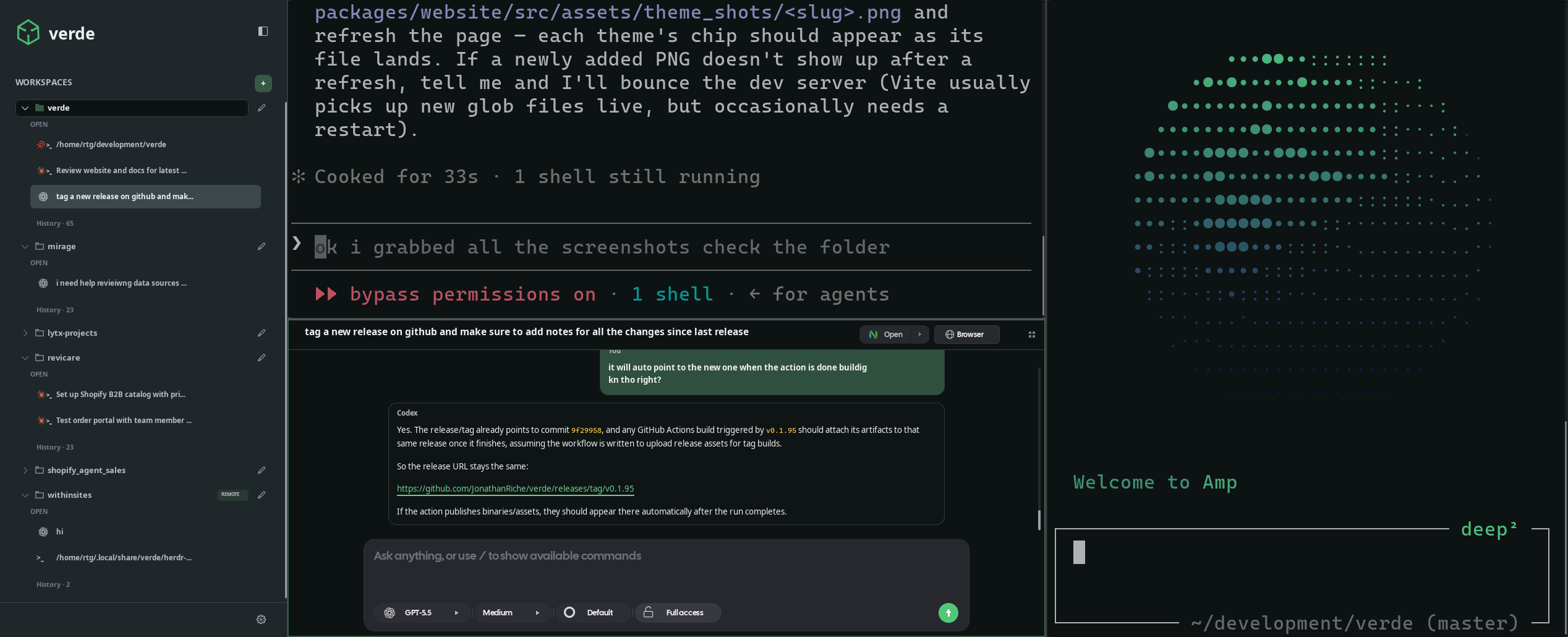 Verde desktop app with a sidebar of projects and threads, a chat pane, a terminal pane, and an Amp TUI, themed to match the selected Omarchy theme.